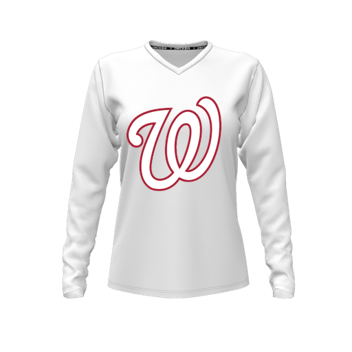 [CUS-DFW-TEES-PER-VNK-LSL-WHT-FYXS-LOGO2] Performance T-Shirt (Female Youth XS, White, V Neck, Logo 2, Long Sleeve)