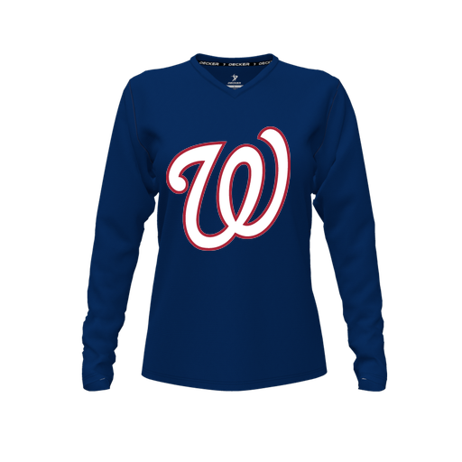 [CUS-DFW-TEES-PER-VNK-LSL-NVY-FYXS-LOGO2] Performance T-Shirt (Female Youth XS, Navy, V Neck, Logo 2, Long Sleeve)